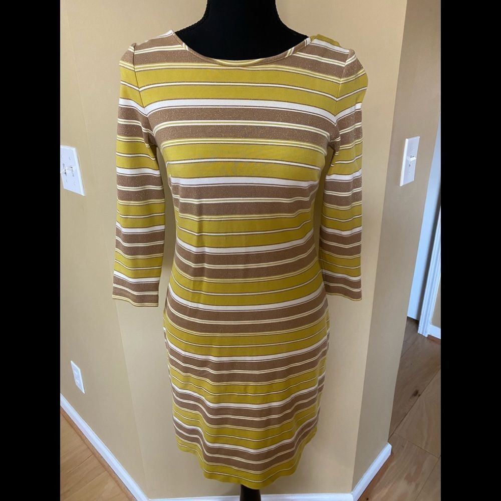 Banana Republic gold sparkle and yellow striped shift dress in size  2P